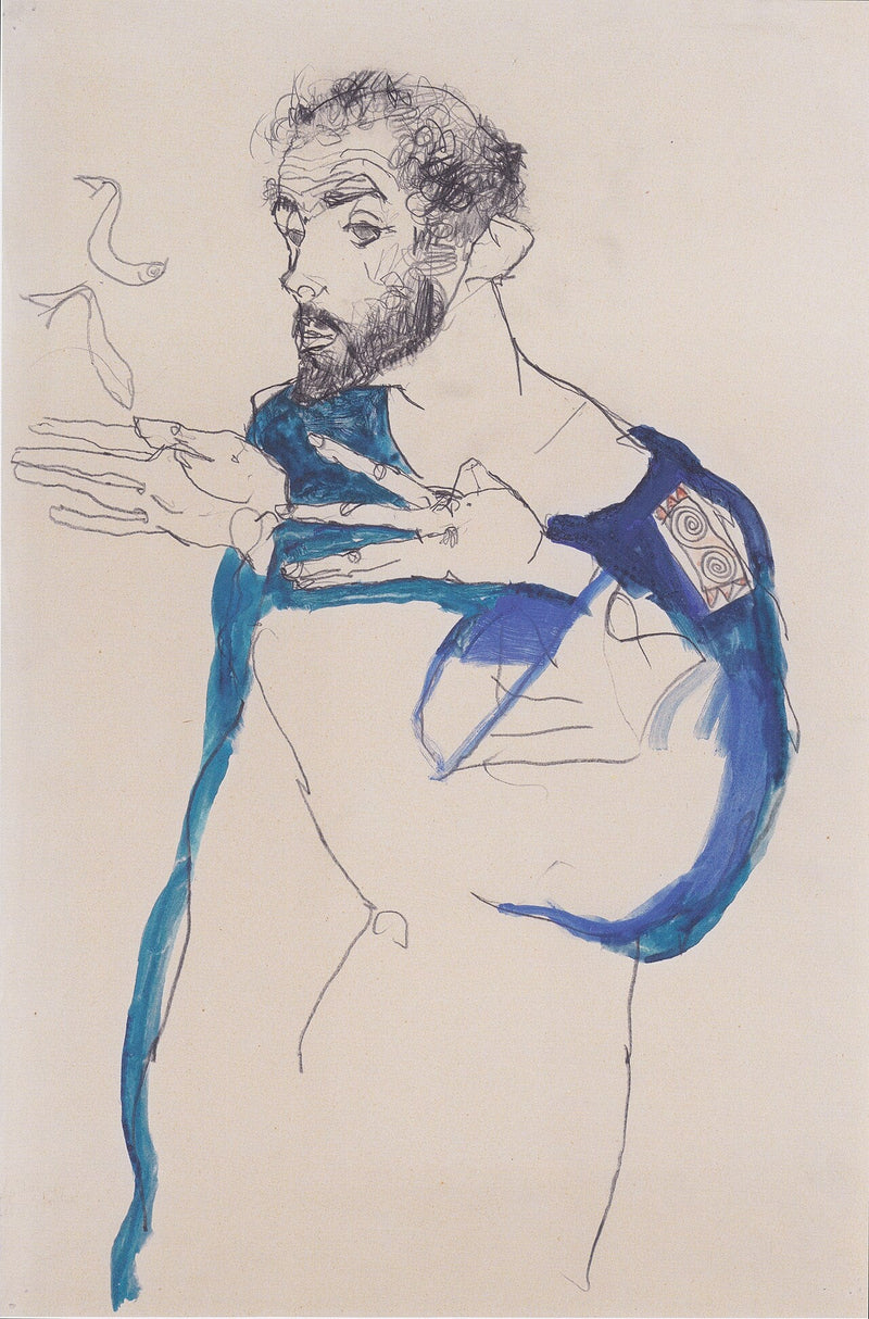 Gustav Klimt in a blue smock, drawn by Egon Schiele (1913)