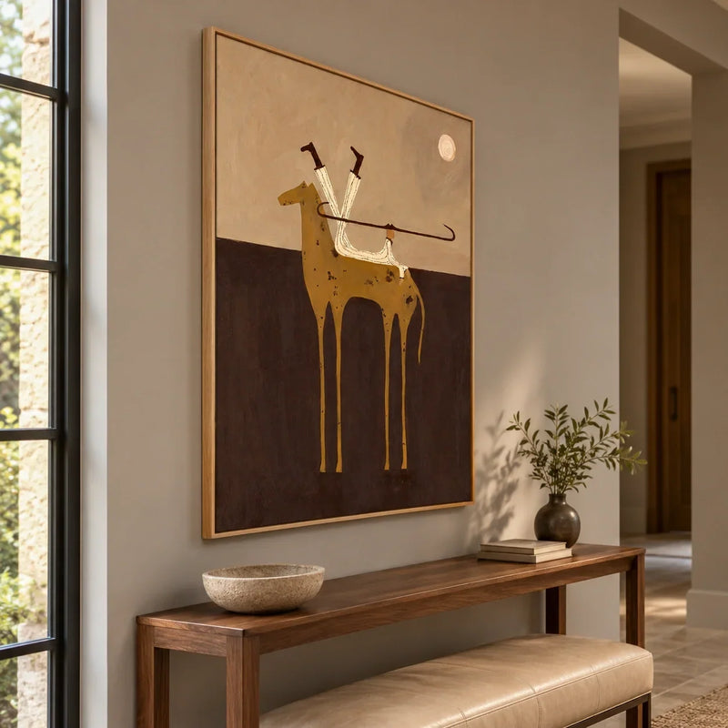 Lunar Levity hand-painted oil painting above an entryway console
