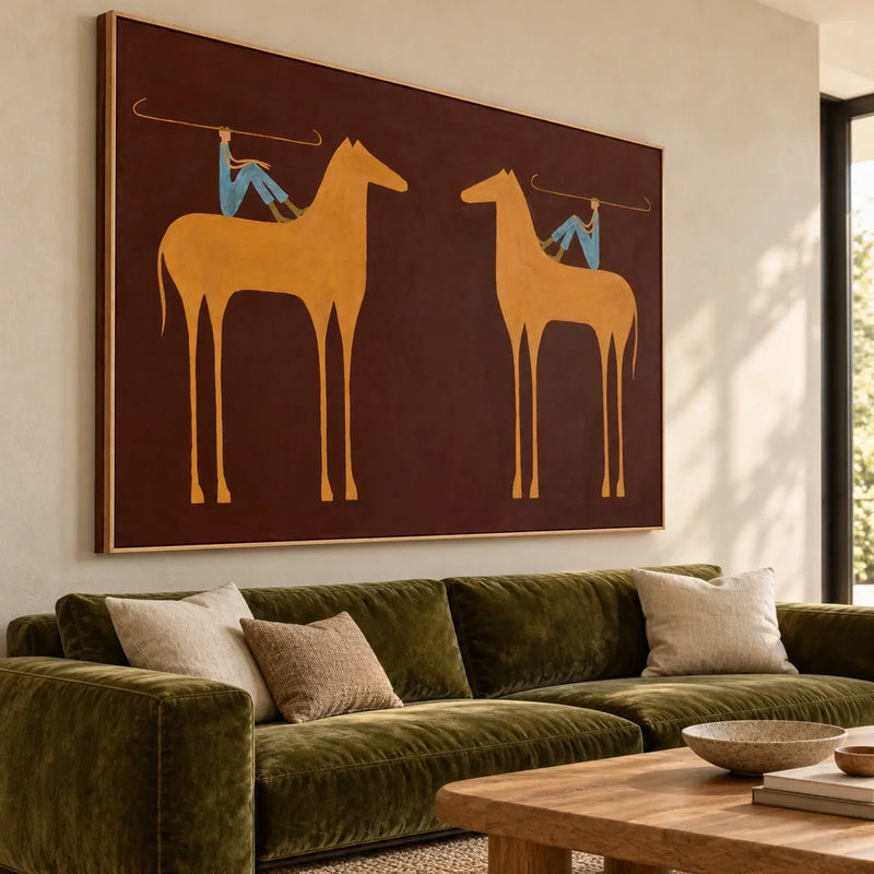 Twin Repose hand-painted oil painting above a sofa in a living room