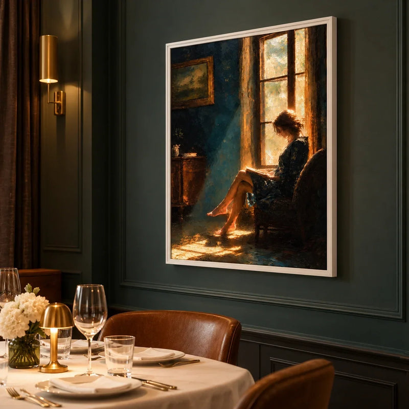 Window Reverie hand-painted oil painting above a desk in a home office
