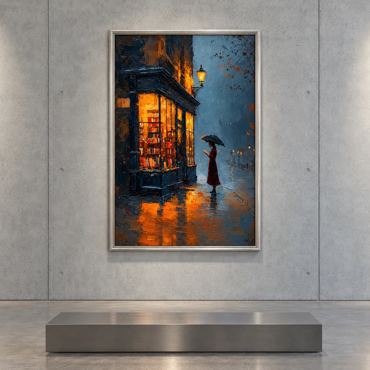 Amber Bookshop | Hand-Painted Rainy Bookshop Street Oil Painting