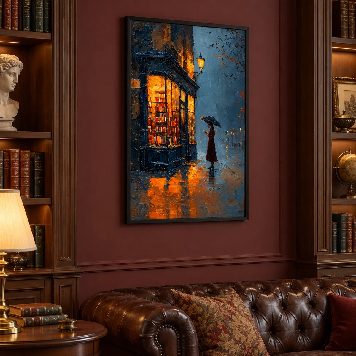 Amber Bookshop | Hand-Painted Rainy Bookshop Street Oil Painting