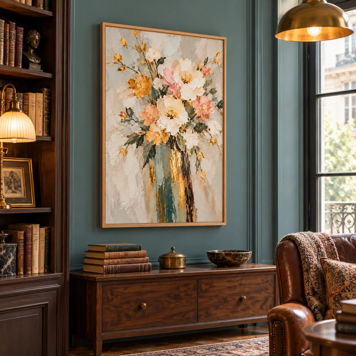 Amber Bouquet | Hand-Painted Ivory and Peach Vase Bouquet Oil Painting