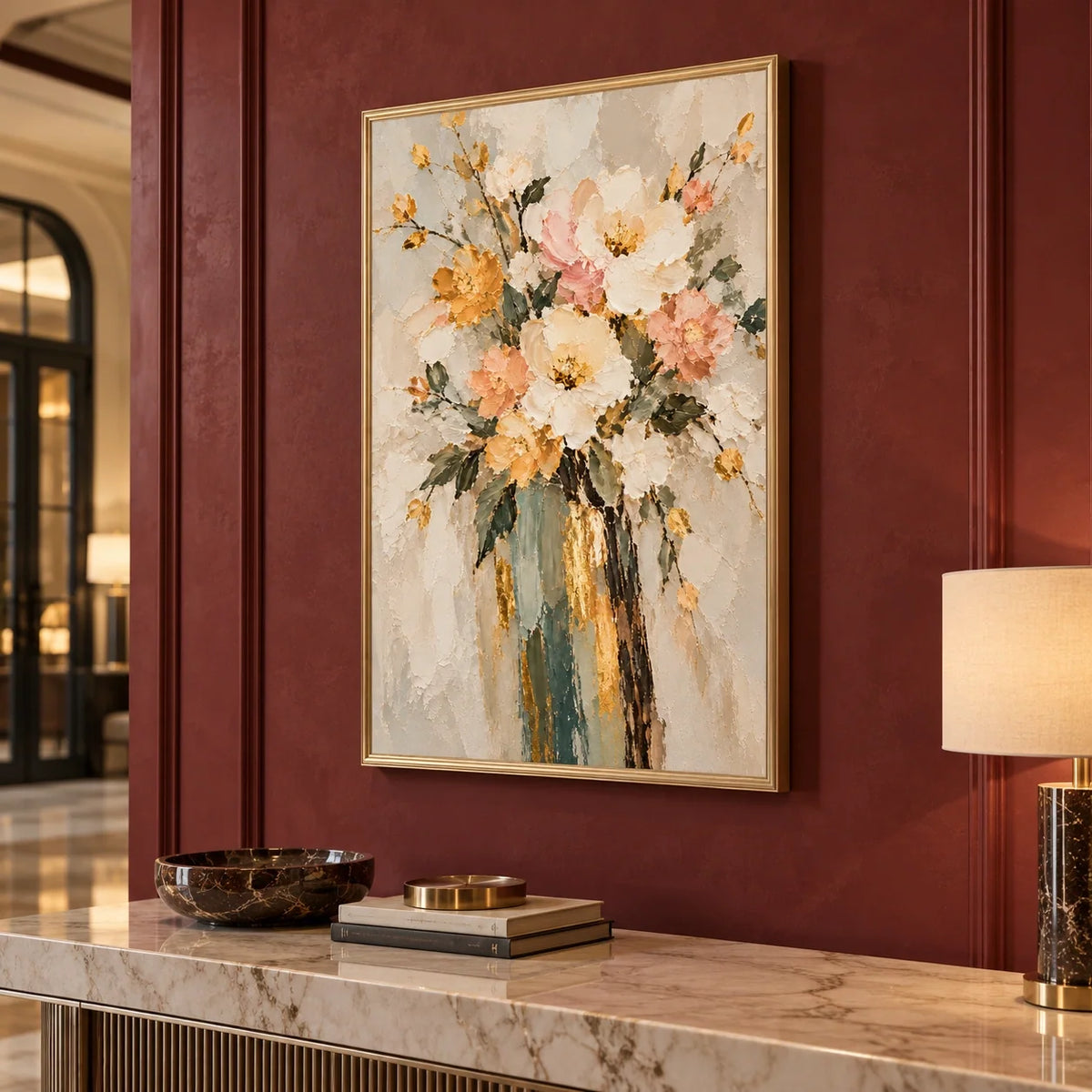 Amber Bouquet | Hand-Painted Ivory and Peach Vase Bouquet Oil Painting