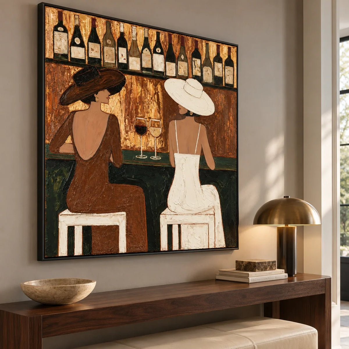 Amber Conversation | Hand-Painted Two Cowgirls with Wine at a Golden Bar Oil Painting