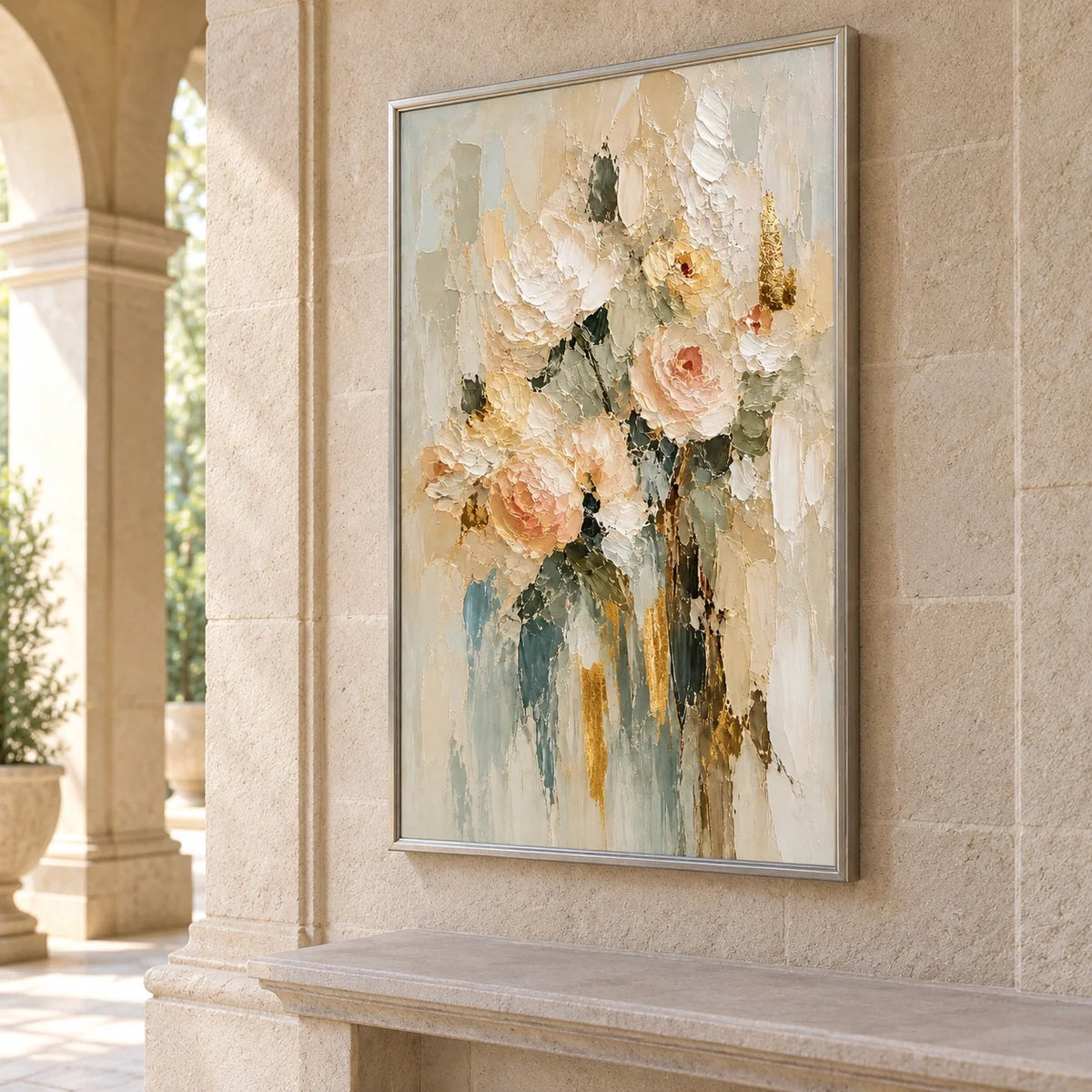 Apricot Whisper | Hand-Painted Soft Peach and Cream Roses Oil Painting