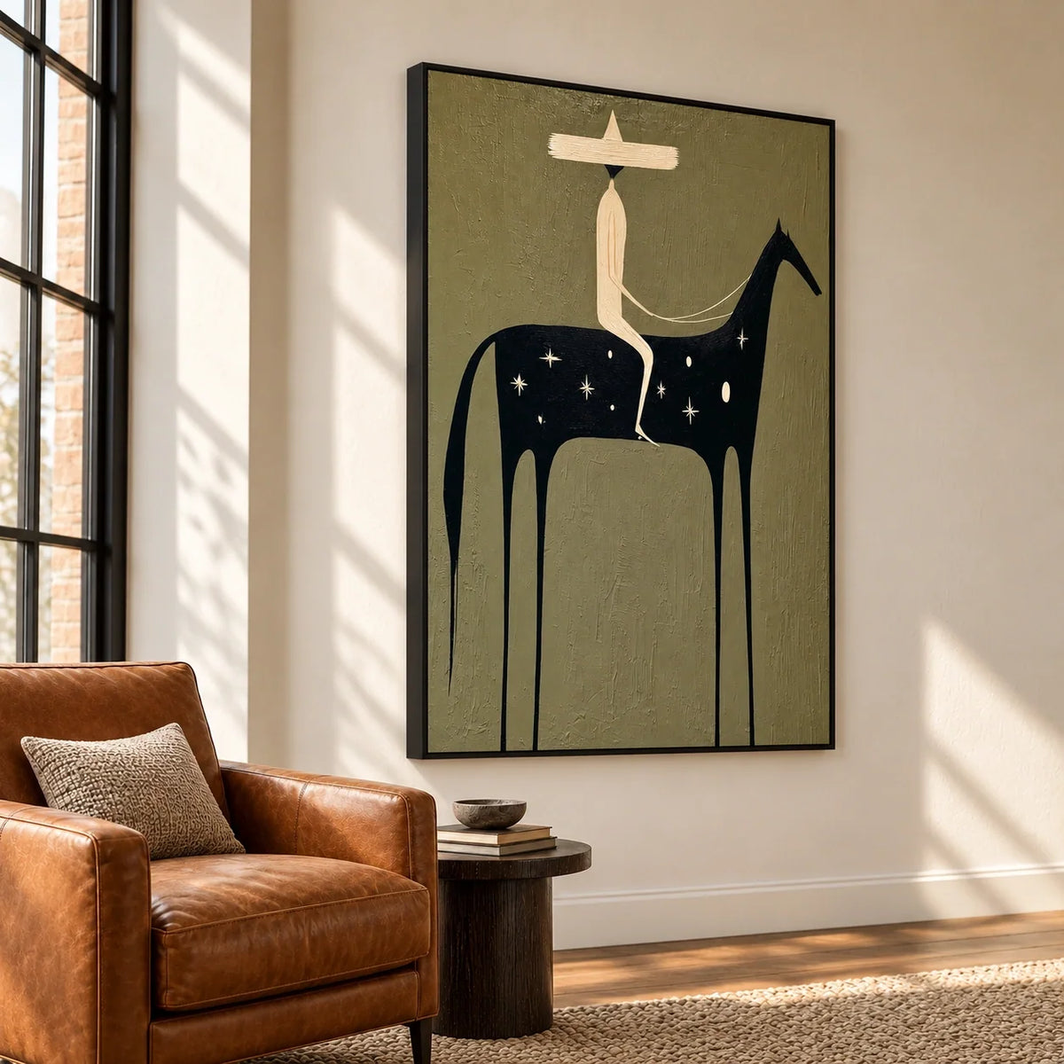 Astral Bridle | Hand-Painted Ivory Rider on a Star-Patterned Black Horse Oil Painting