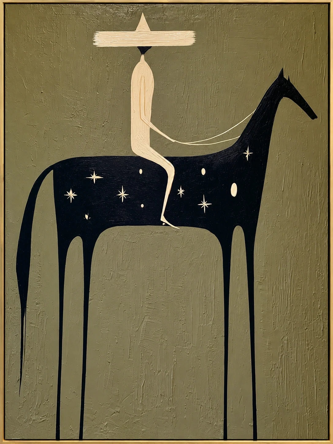 Astral Bridle | Hand-Painted Ivory Rider on a Star-Patterned Black Horse Oil Painting