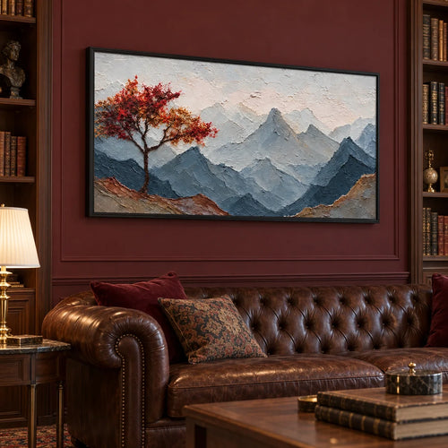 Autumn Ridge | Hand-Painted Autumn Tree and Mountains Oil Painting