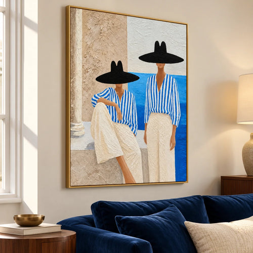 Azure Interval | Hand-Painted Two Women in Blue Stripes by the Sea Oil Painting