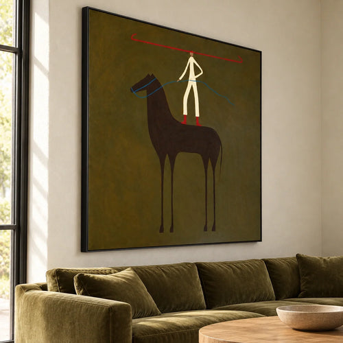 Carmine Balance | Hand-Painted Ivory-Clothed Figure Standing on a Dark Horse with a Wide Red Hat and Blue Reins Oil Painting
