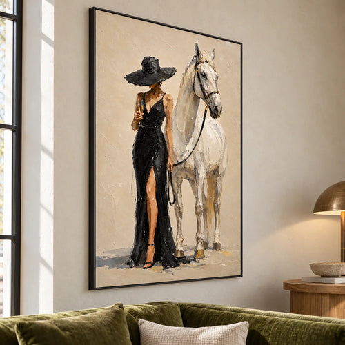 Champagne Escort | Hand-Painted Woman in a Black Dress beside a White Horse Oil Painting