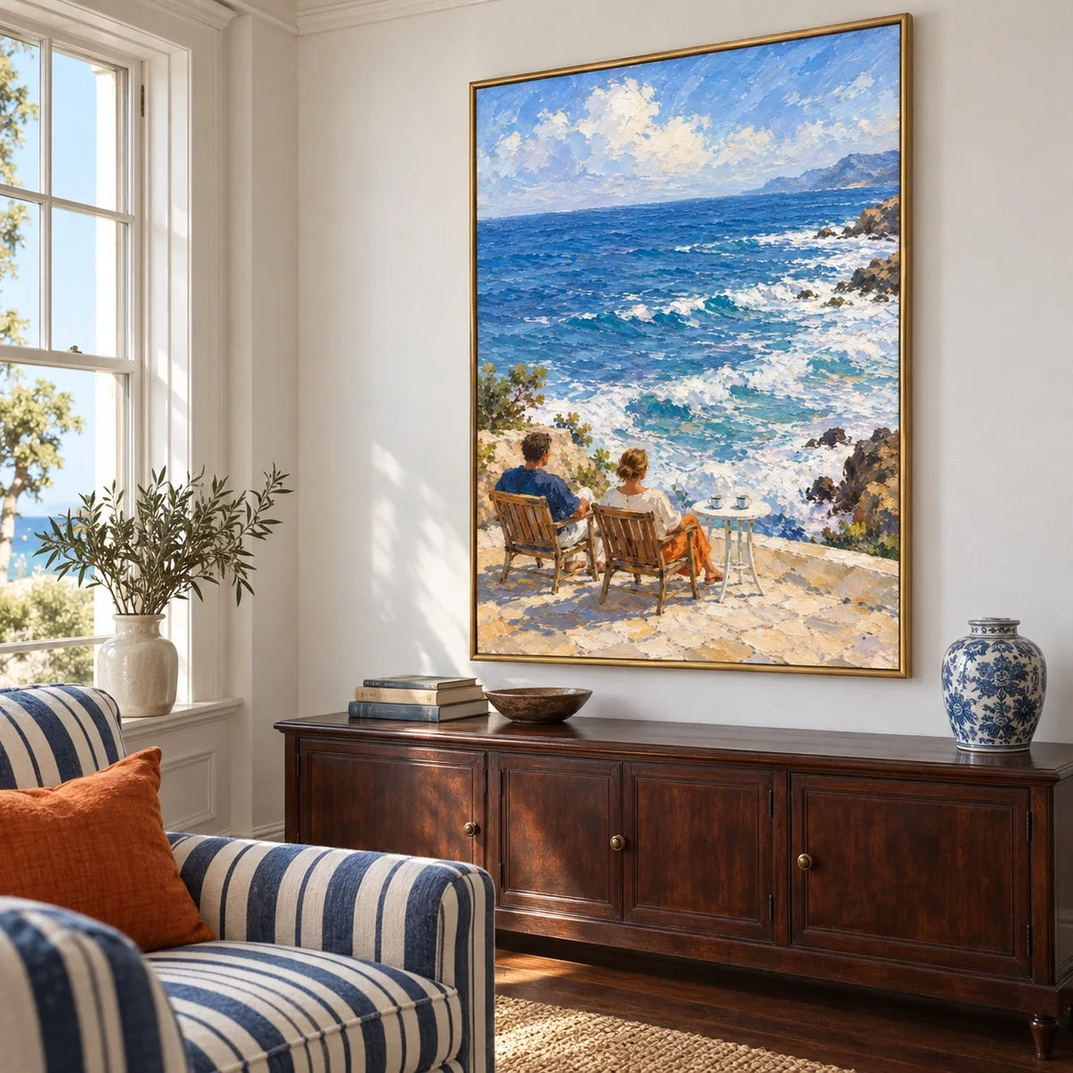 Above the Tide | Hand-Painted Seaside Couple Oil Painting