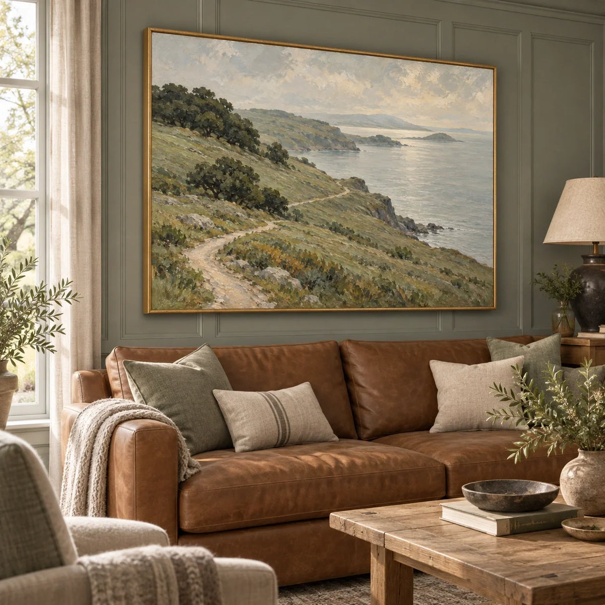 Above the Bay | Hand-Painted Coastal Hillside Path Oil Painting