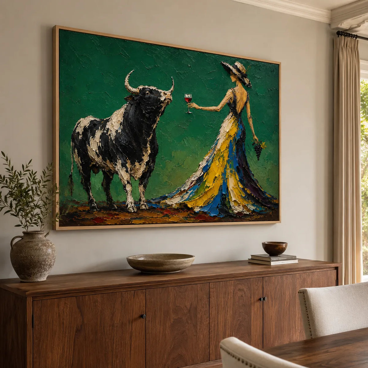 A Wild Toast | Hand-Painted Woman and Bull Oil Painting