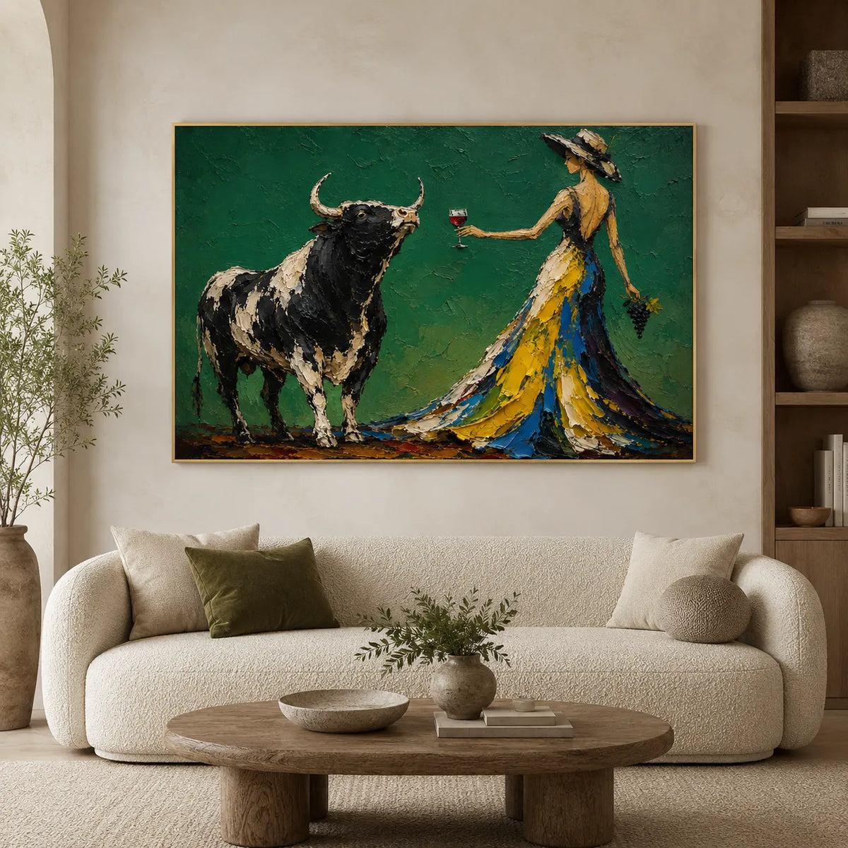 A Wild Toast | Hand-Painted Woman and Bull Oil Painting