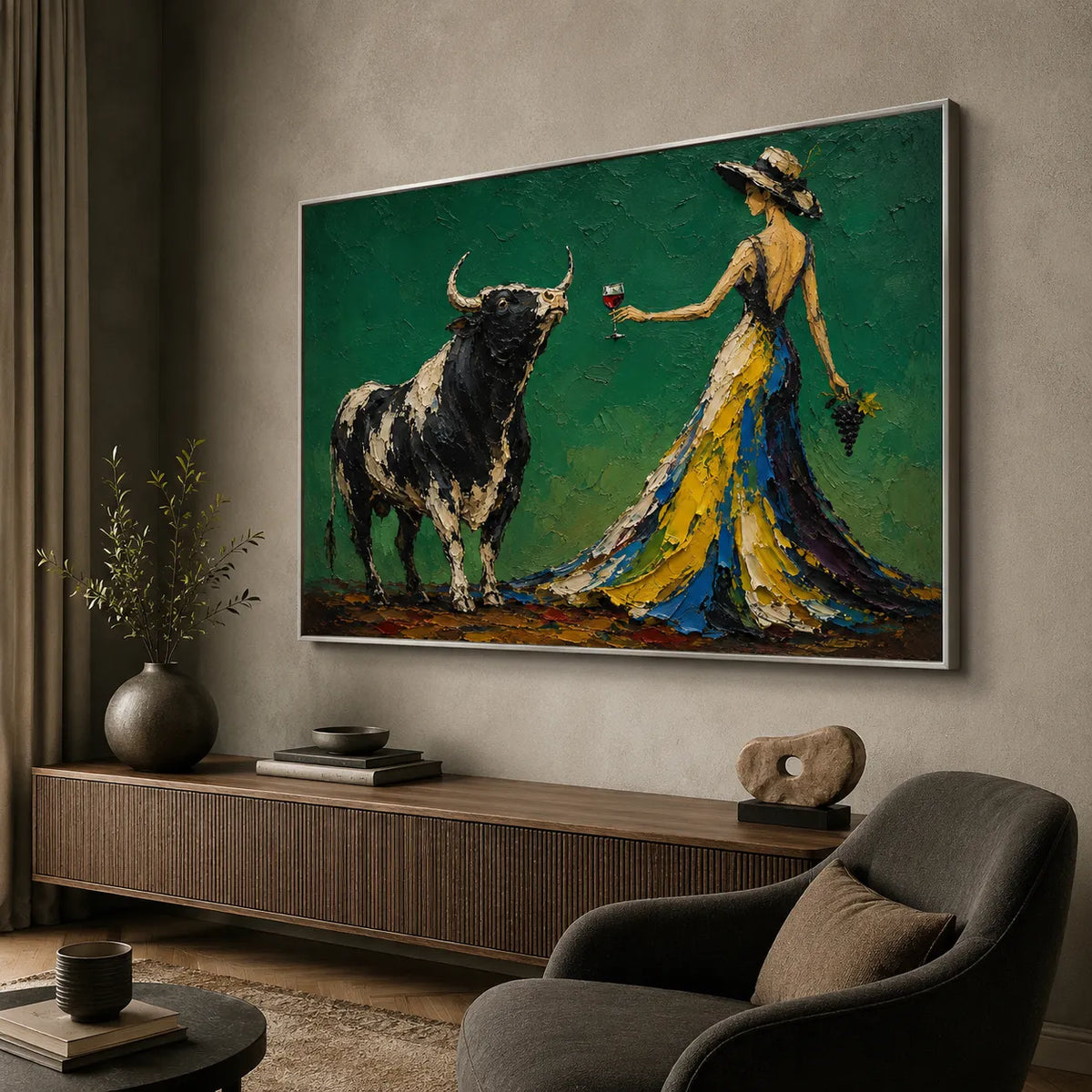 A Wild Toast | Hand-Painted Woman and Bull Oil Painting