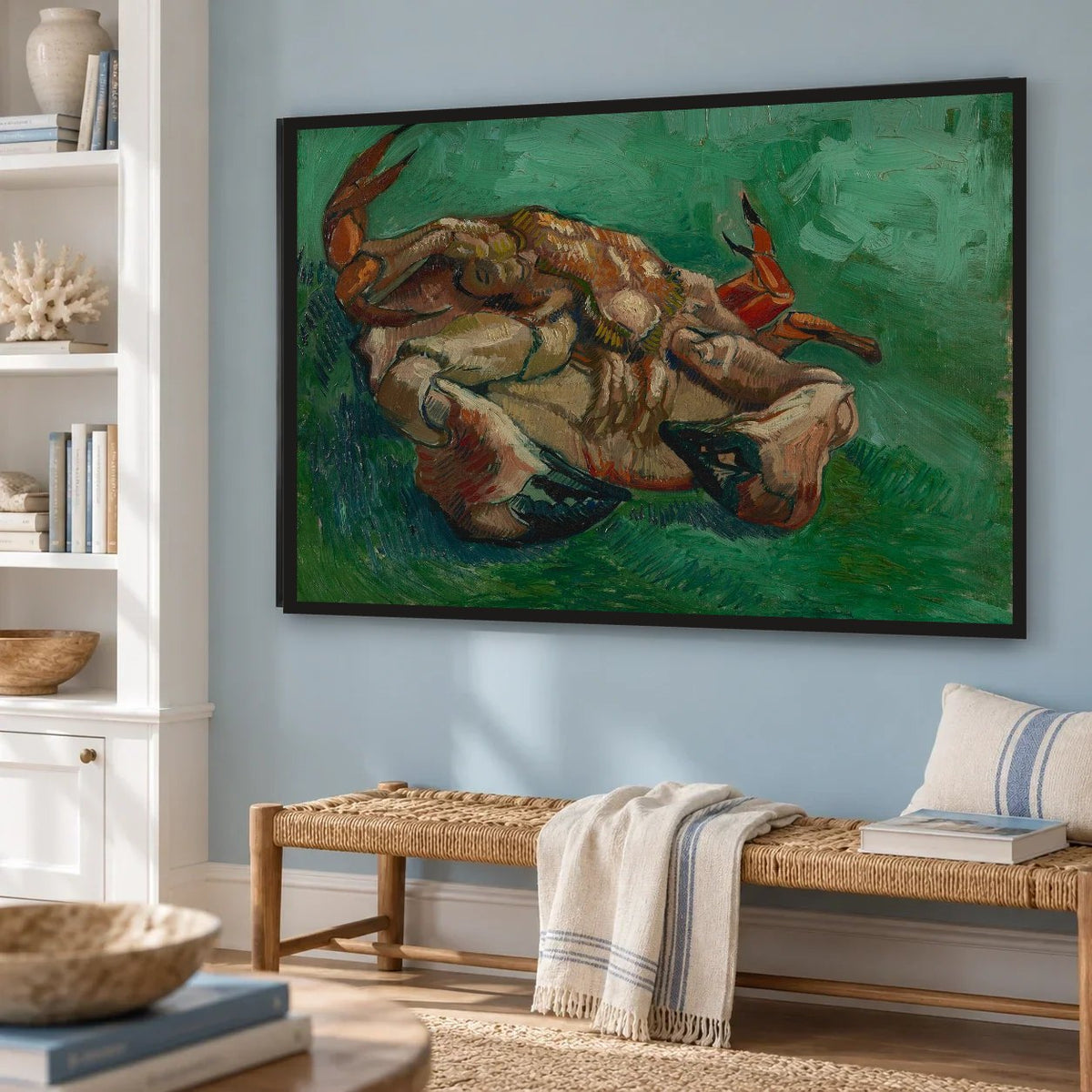 A Crab on its Back — hand-painted oil painting in a coastal living room