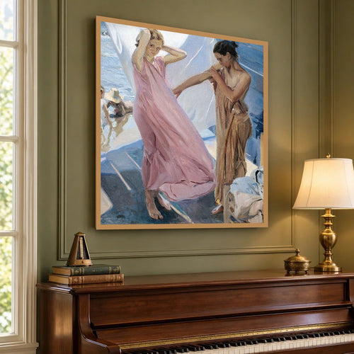 After Bathing, Valencia (1909) — hand-painted oil painting in a music room