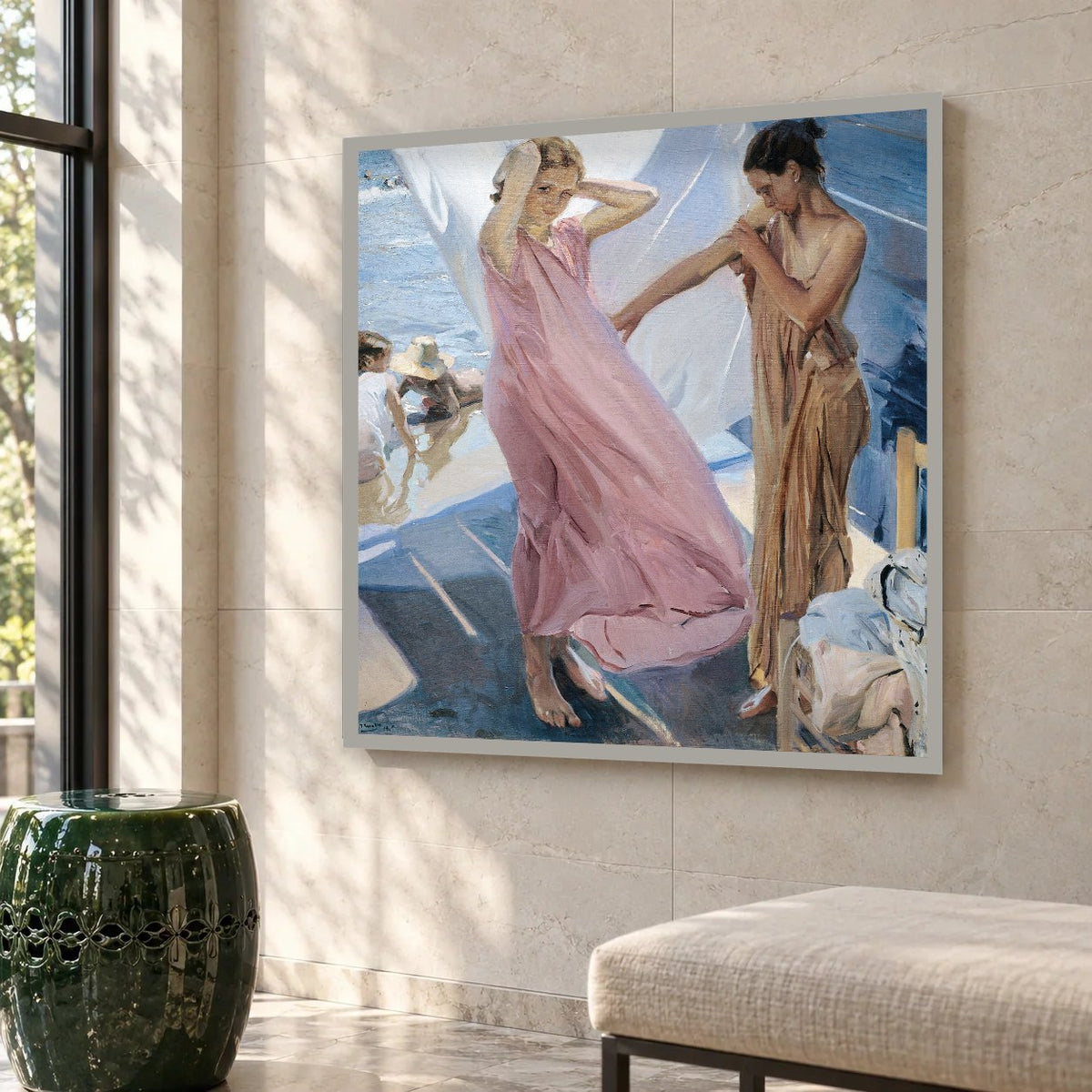 After Bathing, Valencia (1909) — hand-painted oil painting in a hallway