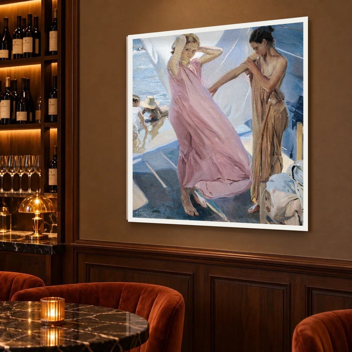After Bathing, Valencia (1909) — hand-painted oil painting in a dining room