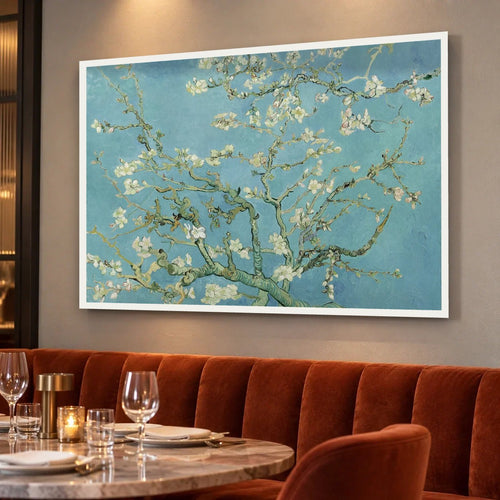 Almond Blossom — hand-painted oil painting in a dining room
