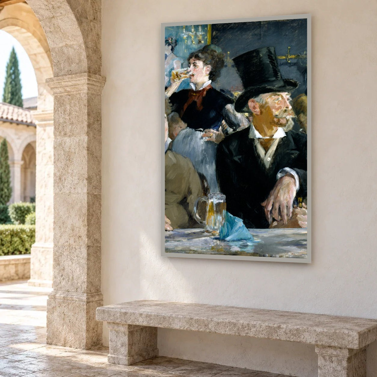 At the Café — hand-painted oil painting in a hallway